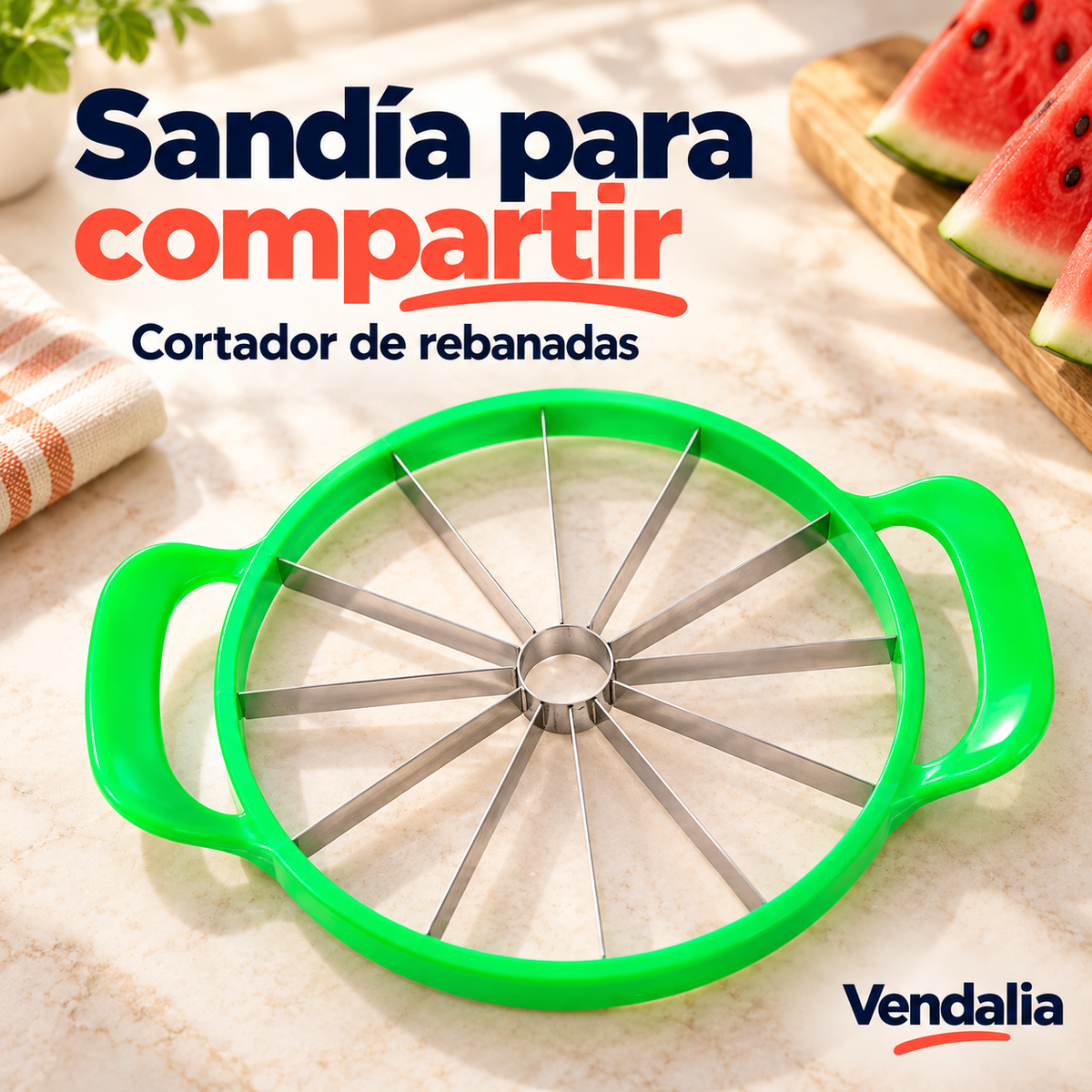 Cortador verde para sandía con cuchillas radiales. Vendalia.