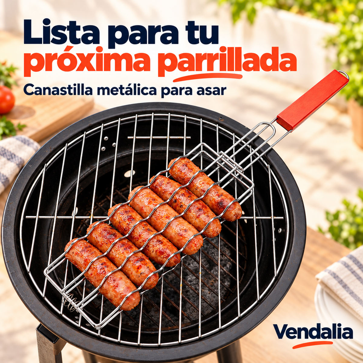 Canastilla metálica con mango rojo para asar. Vendalia.
