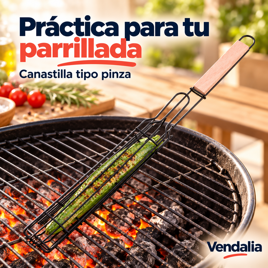 Canastilla parrillera negra tipo pinza con mango de madera. Vendalia.