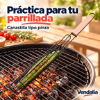 Canastilla parrillera negra tipo pinza con mango de madera. Vendalia.