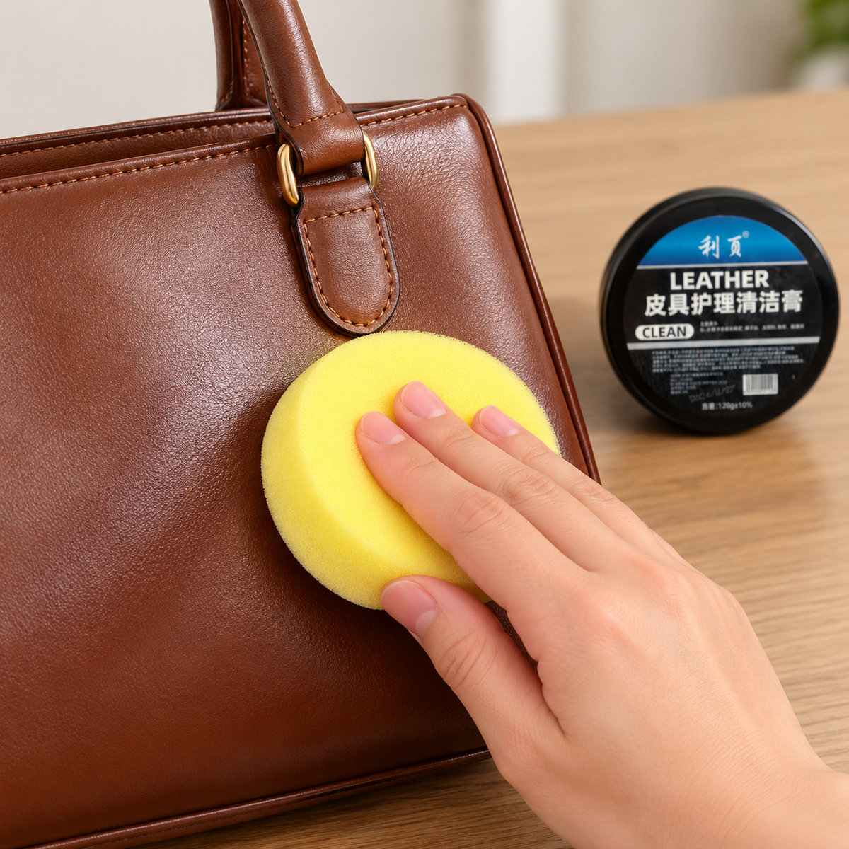 Uso de la esponja aplicadora sobre cuero; bolso no incluido.