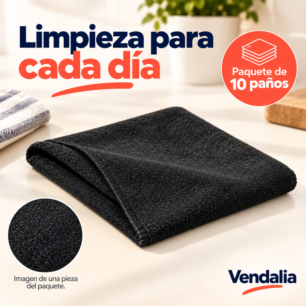 Paño negro de microfibra; muestra de una pieza del paquete de diez.