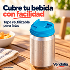 Tapa azul reutilizable para latas con cierre deslizante. Vendalia.