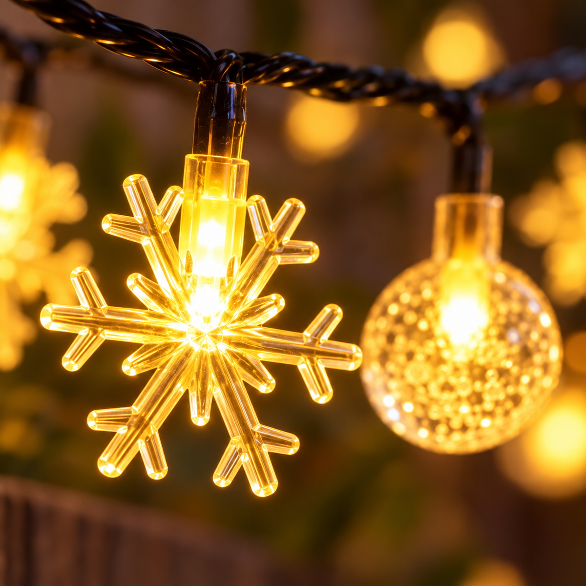 Tramo de luces solares cálidas con copos y esferas — detalle
