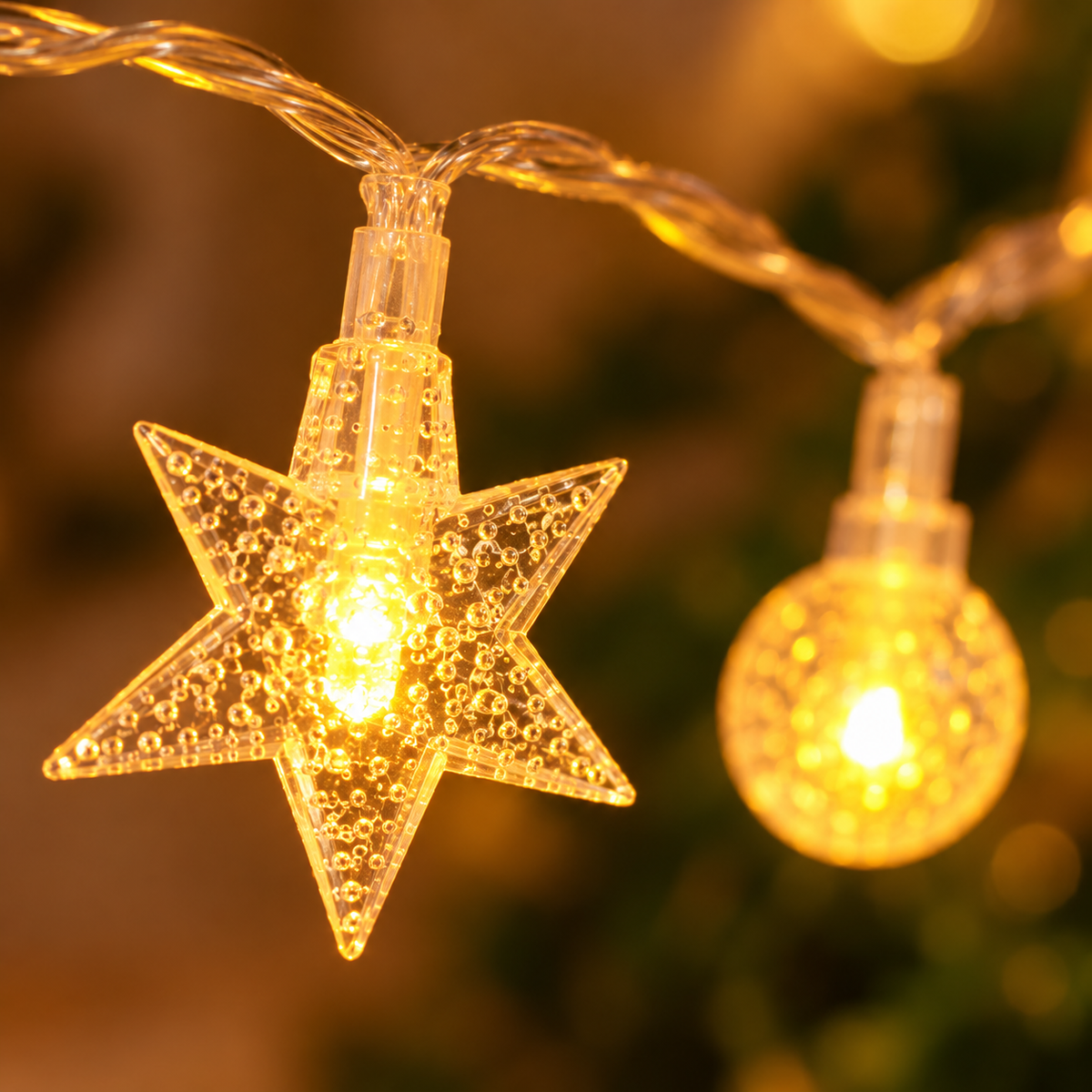 Tramo de serie de estrellas y bolitas LED cálidas de 3 metros — detalle