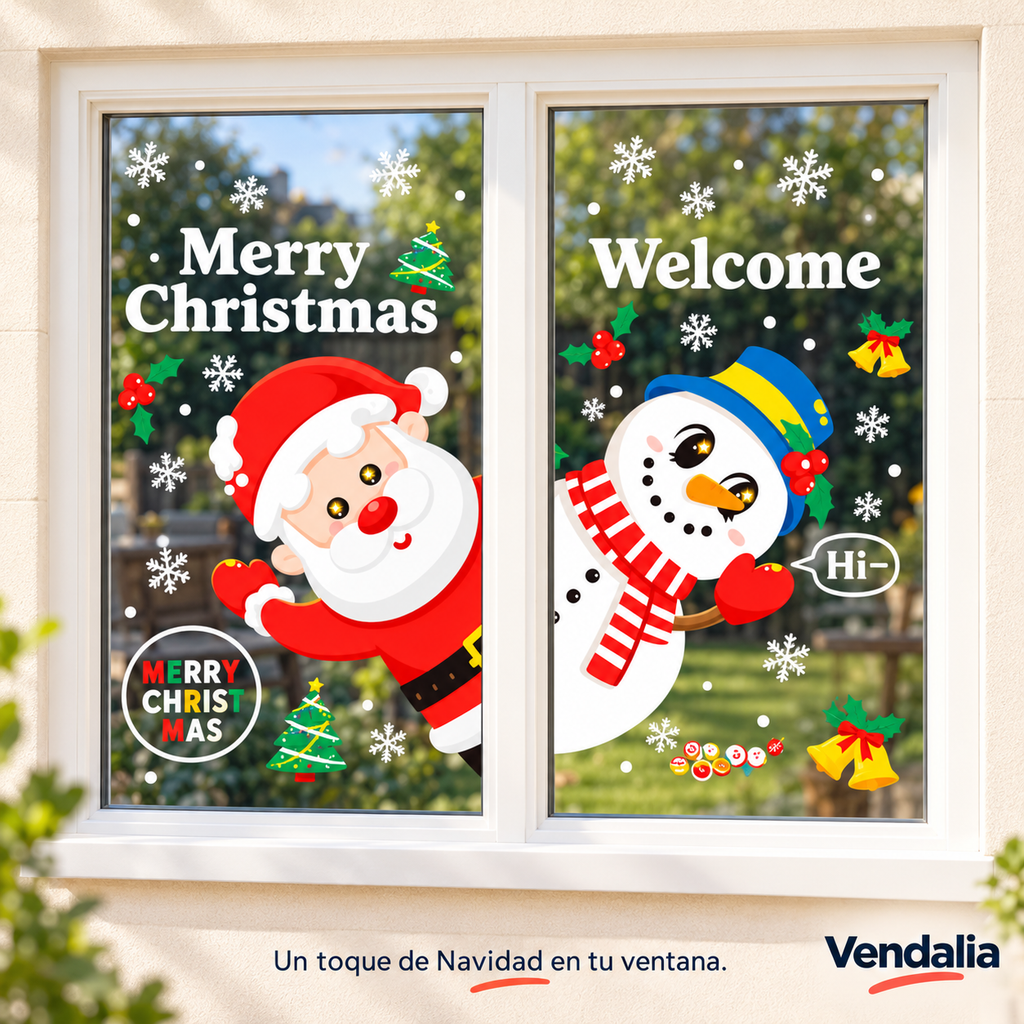 Set de viniles navideños de Santa y muñeco de nieve en ventana.