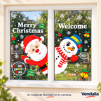 Set de viniles navideños de Santa y muñeco de nieve en ventana.