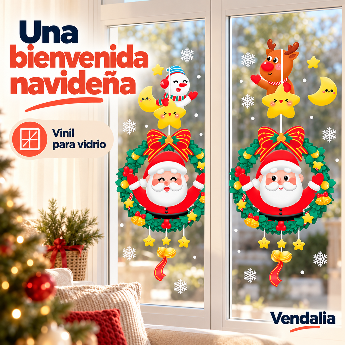 Vinil de Santa con corona colocado en una ventana doble.