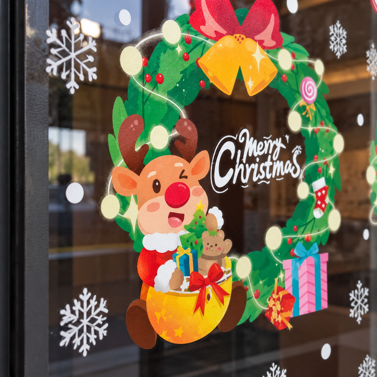 Detalle del vinil navideño impreso con corona y reno sobre vidrio.