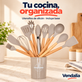 Set gris de utensilios de silicón con mangos tipo madera y organizador. Vendalia.