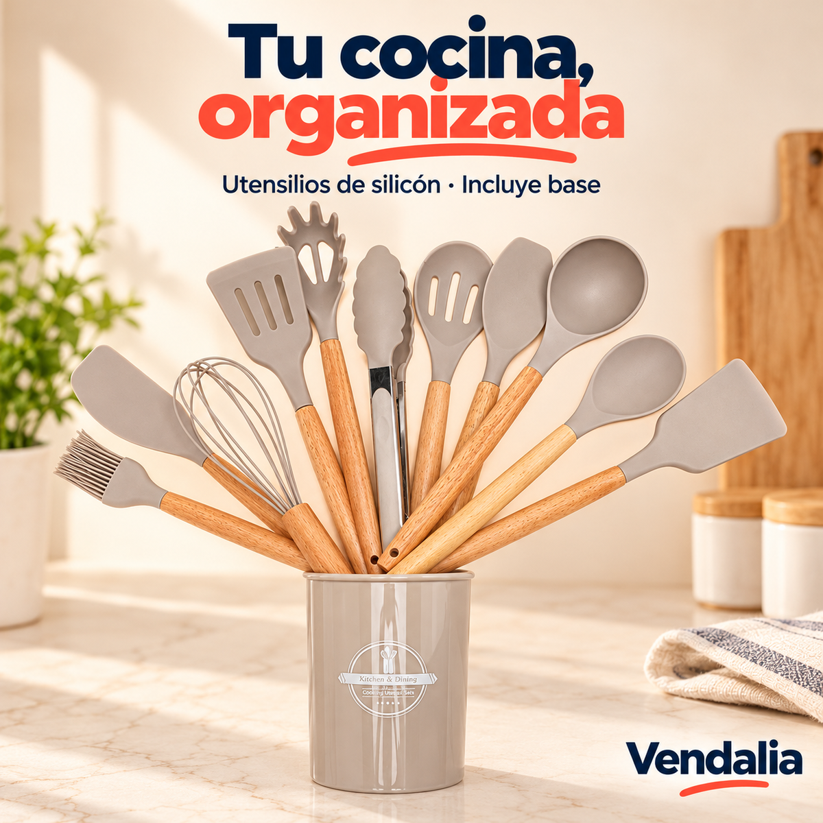 Set gris de utensilios de silicón con mangos tipo madera y organizador. Vendalia.