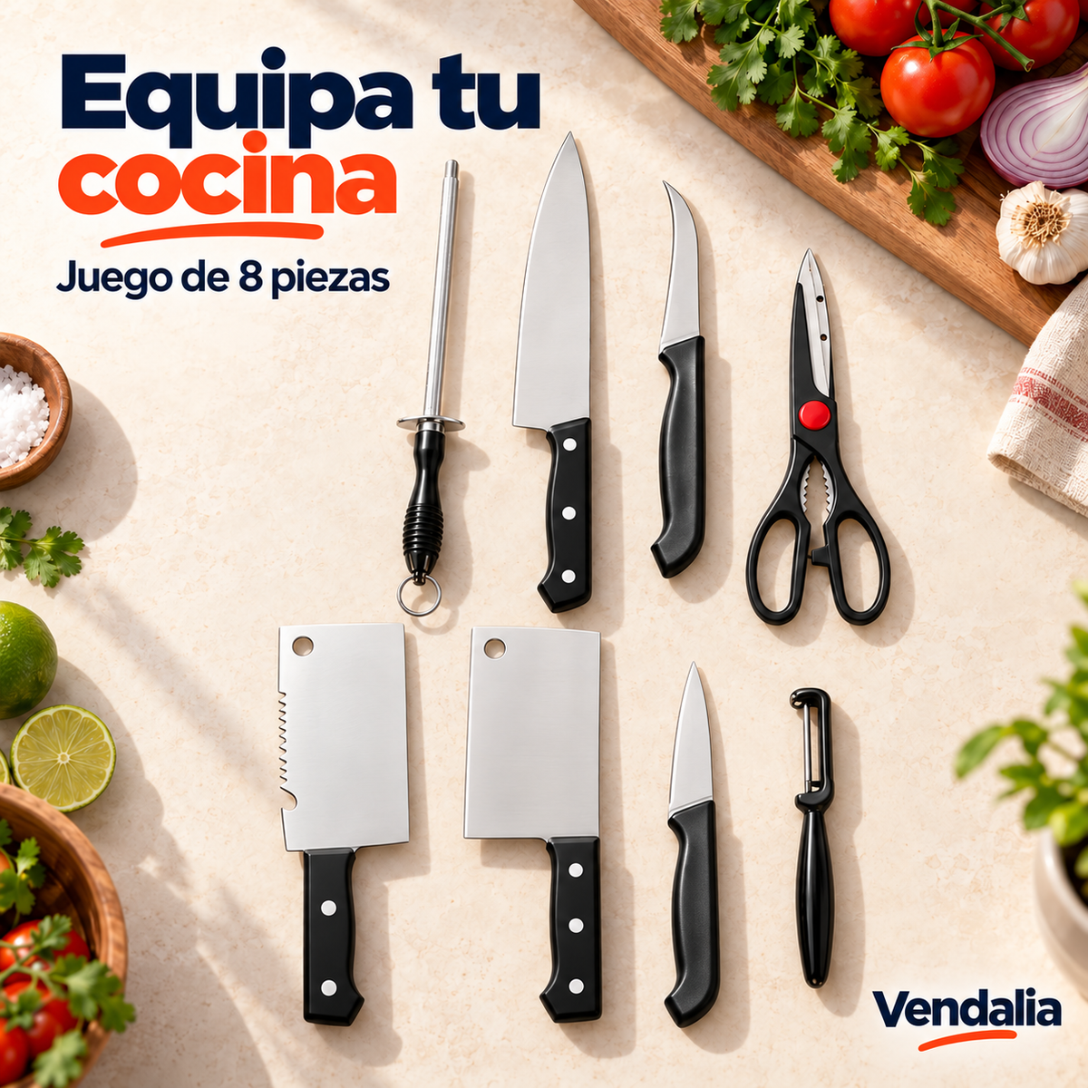 Juego de ocho piezas de cuchillos y utensilios · portada Vendalia