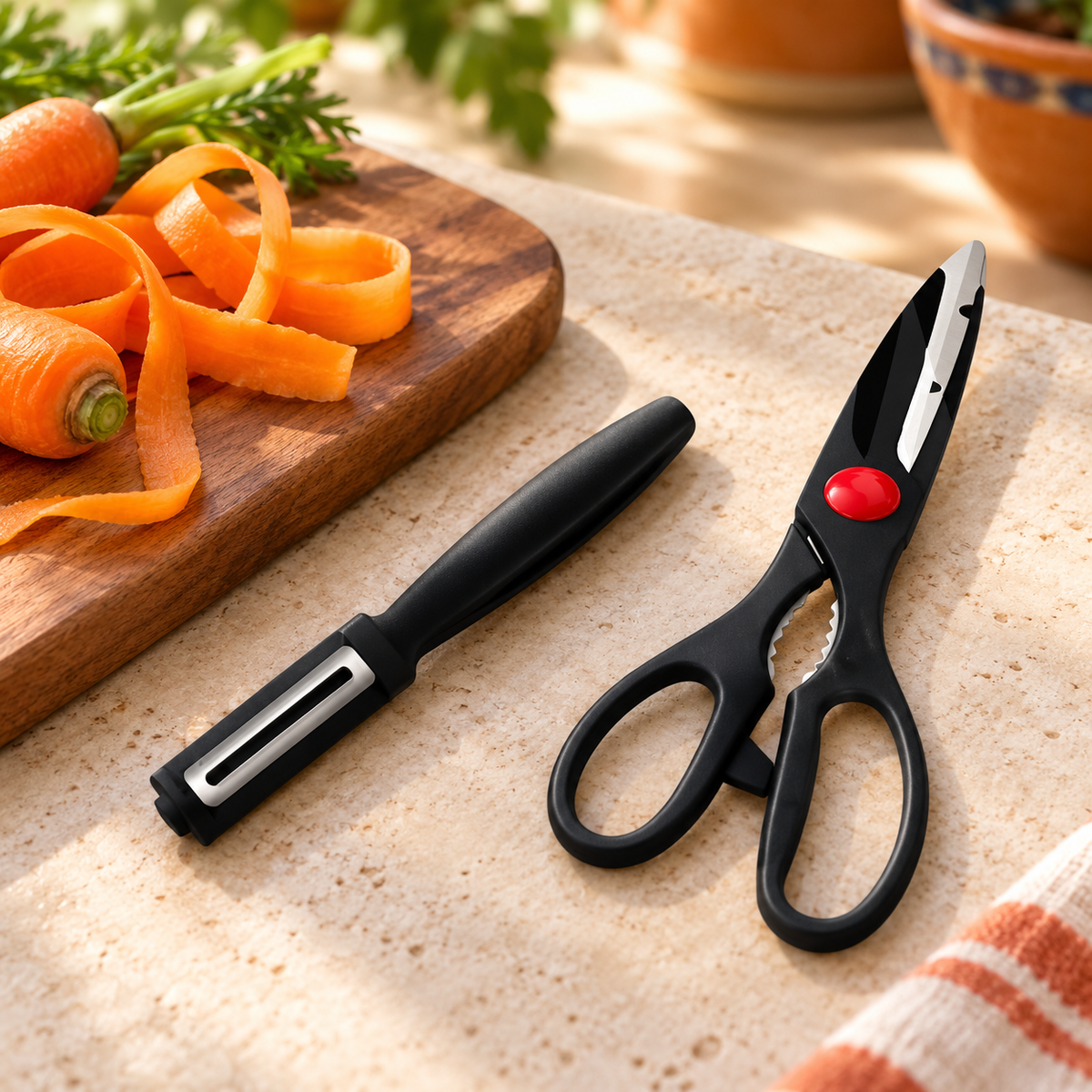 Tijeras y pelador del juego; tabla y alimentos no incluidos