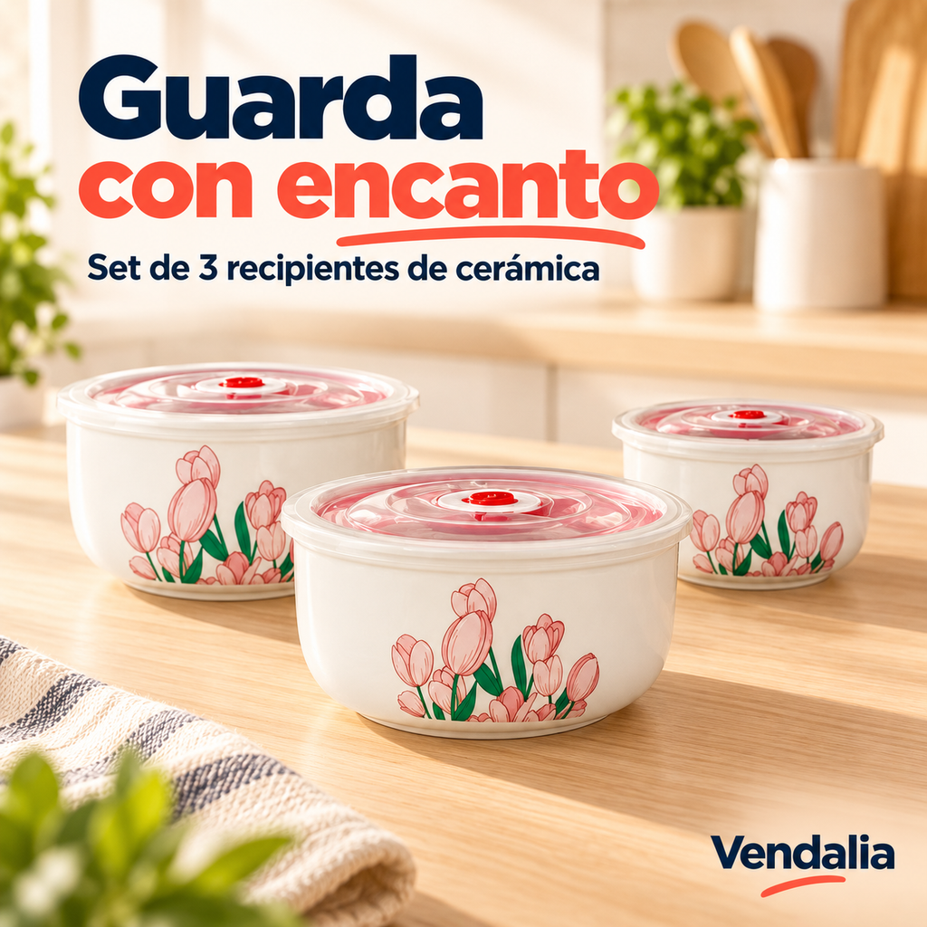 Set de tres recipientes de cerámica con flores y tapas. Vendalia.