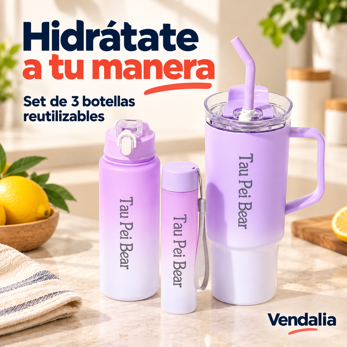 Set de 3 botellas Tau Pei Bear lila degradado. Vendalia.