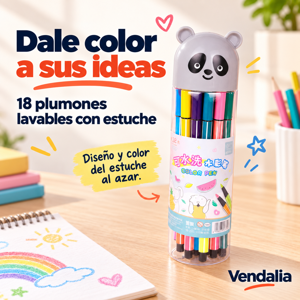 Estuche de 18 plumones lavables; diseño enviado al azar — Vendalia