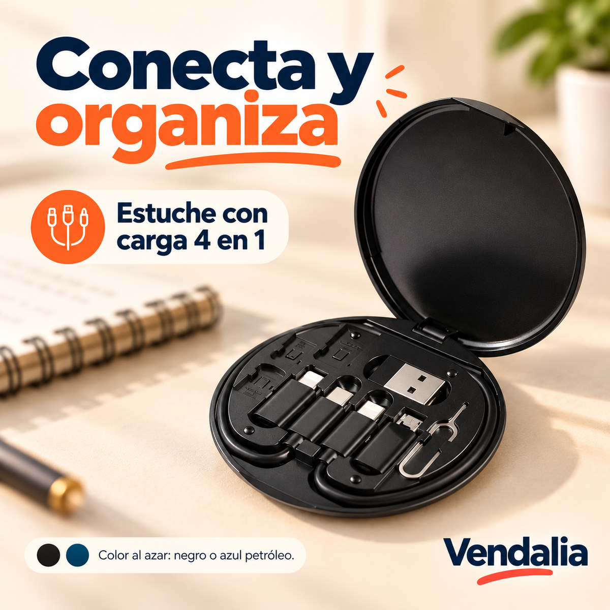Estuche de carga 4 en 1 abierto, ejemplo en negro; color enviado al azar.
