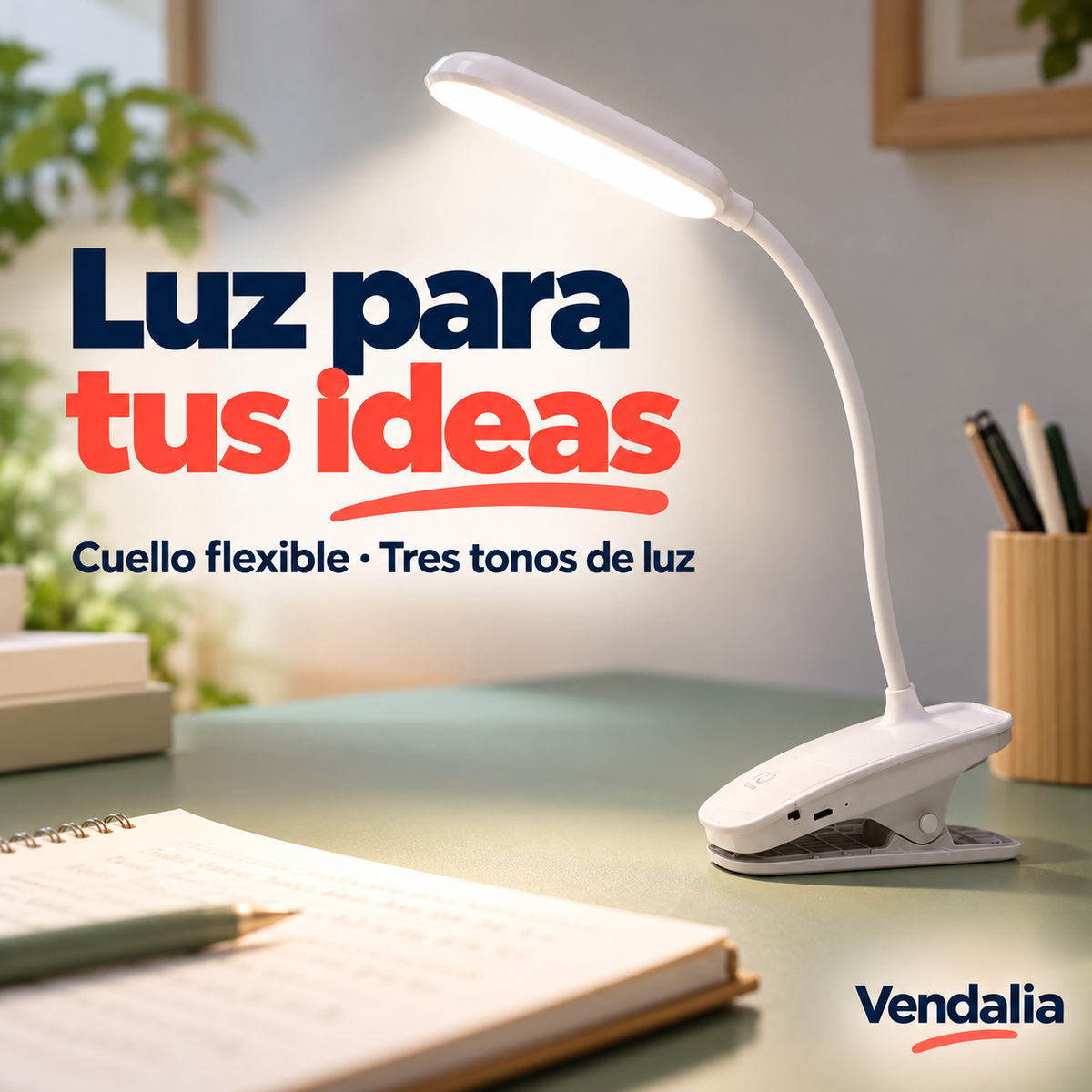Lámpara LED blanca de escritorio con clip — Vendalia