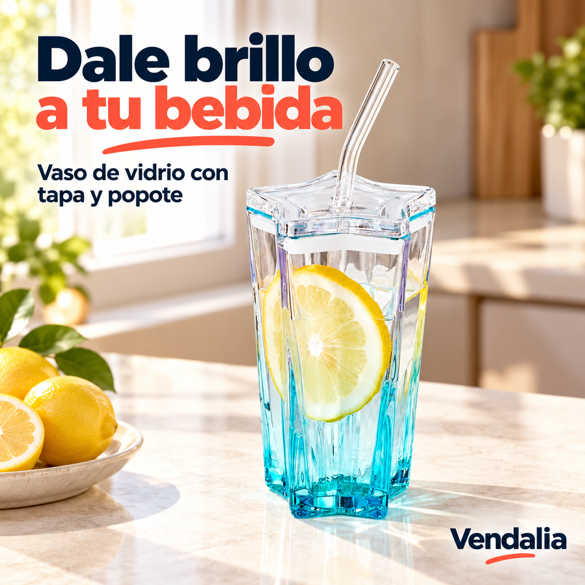 Vaso azul en forma de estrella con tapa y popote. Vendalia.