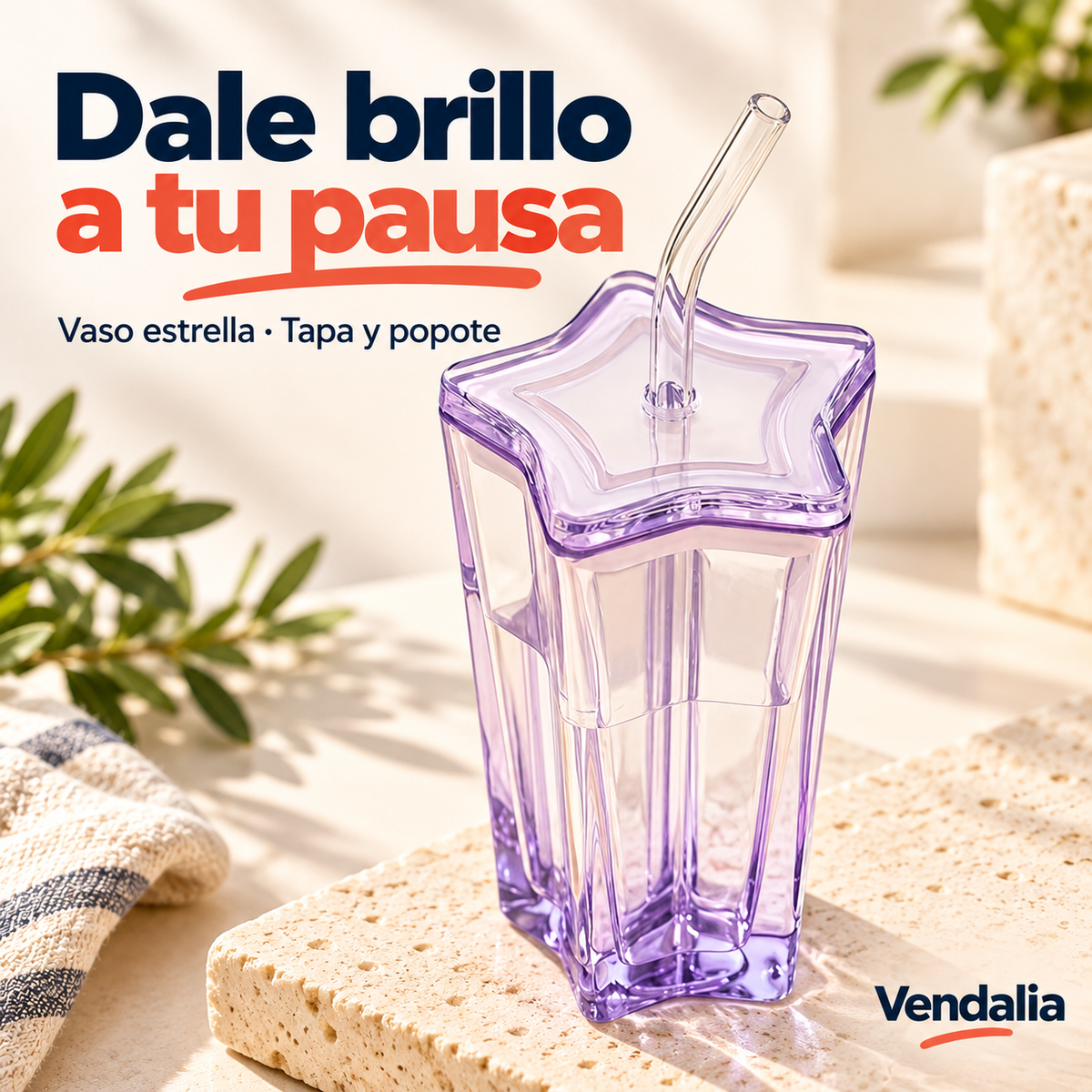 Vaso de vidrio morado con forma de estrella, tapa y popote. Vendalia.