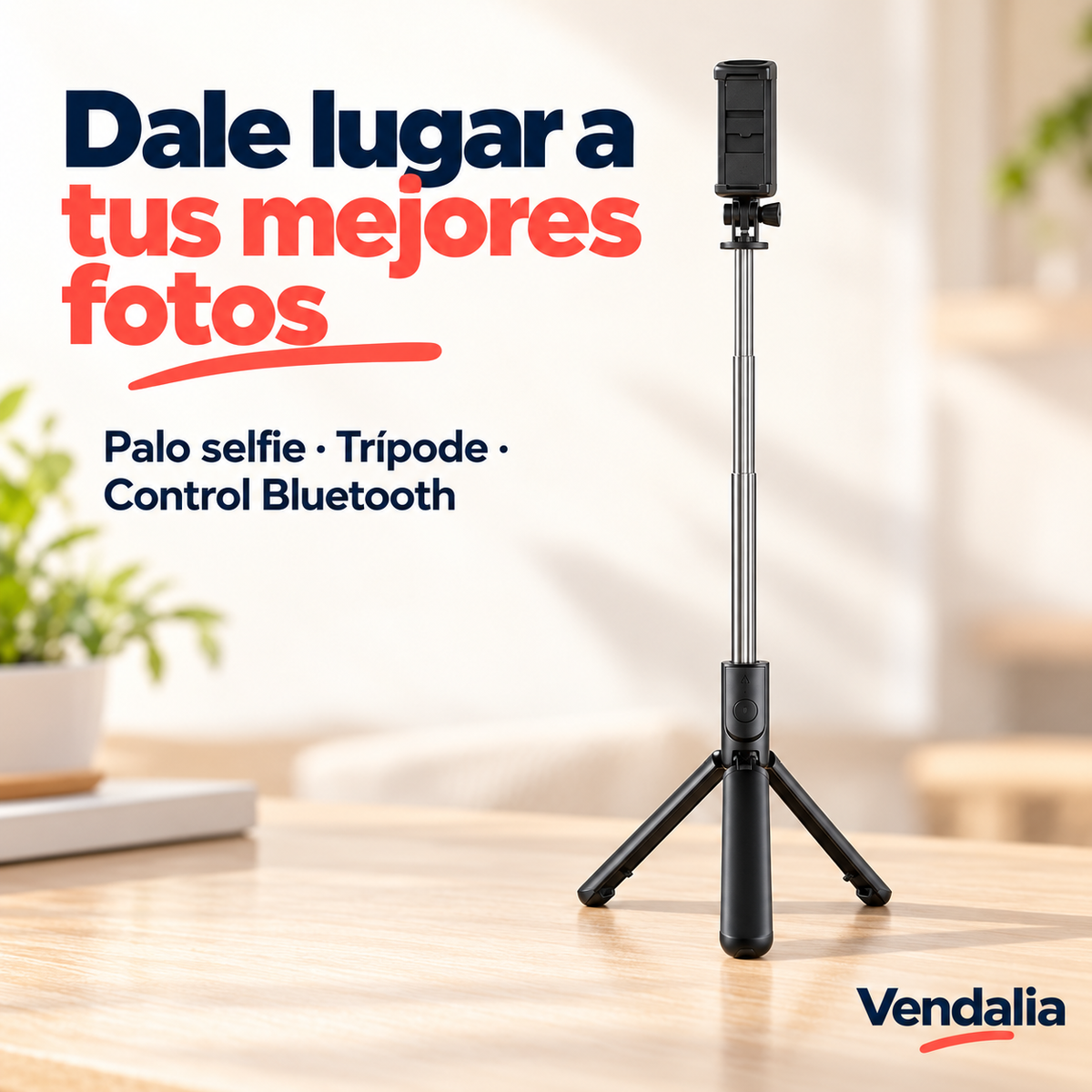 Palo selfie negro extendido con trípode y control Bluetooth.