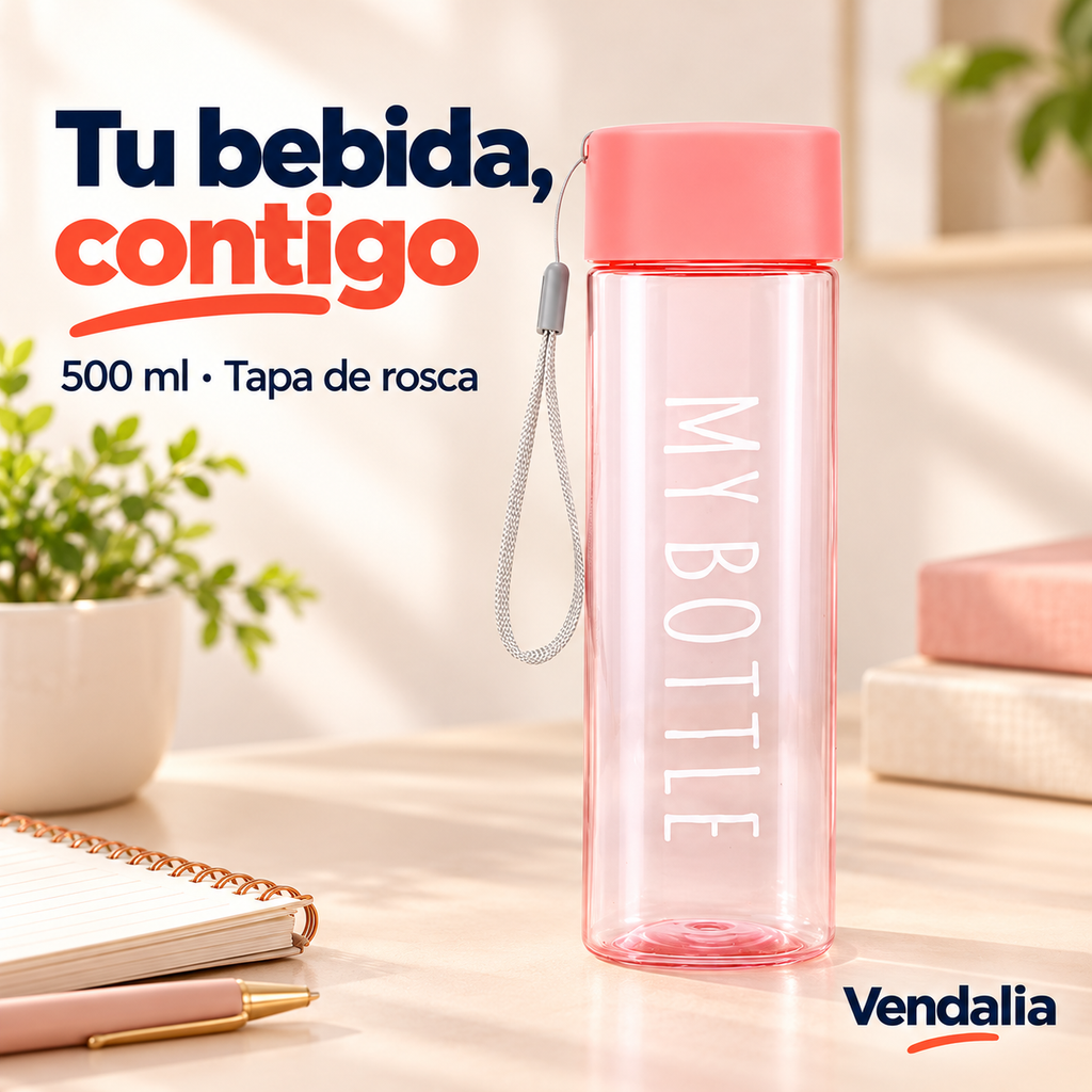 Botella transparente rosa de 500 ml con tapa y correa gris. Vendalia.