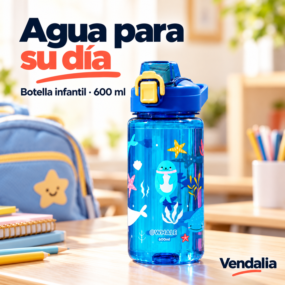 Botella infantil azul de 600 ml con diseño marino. Vendalia.