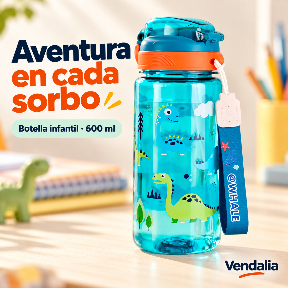 Botella infantil con dinosaurios, tapa abatible y correa. Vendalia.