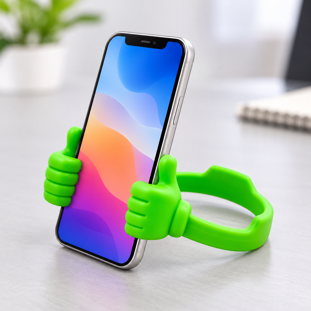 Ejemplo de uso del soporte verde limón para sostener un celular; teléfono no incluido.