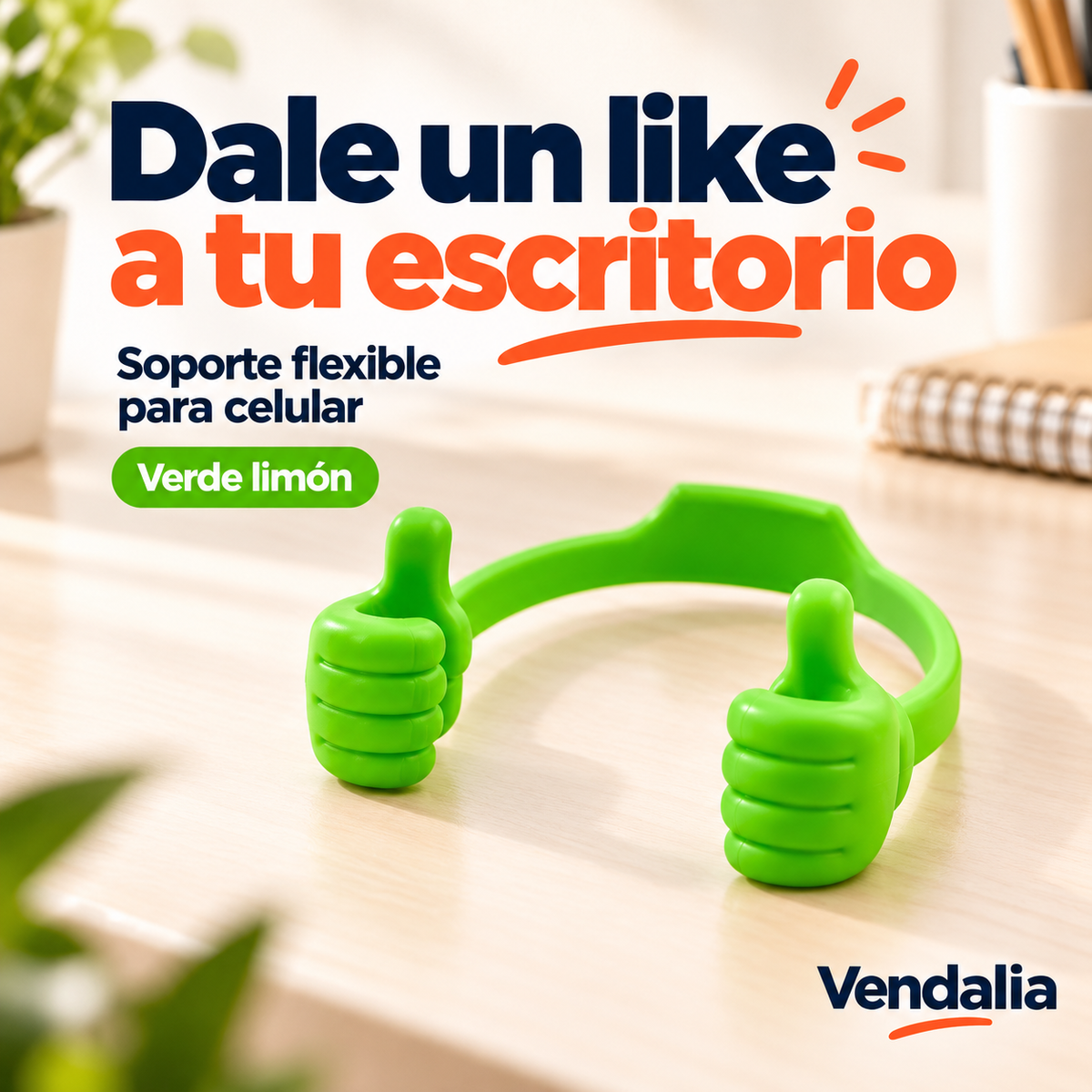 Soporte flexible para celular con manos Like en color verde limón.