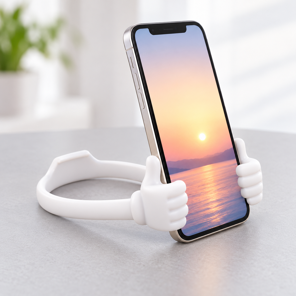 Ejemplo de uso del soporte blanco para sostener un celular; teléfono no incluido.