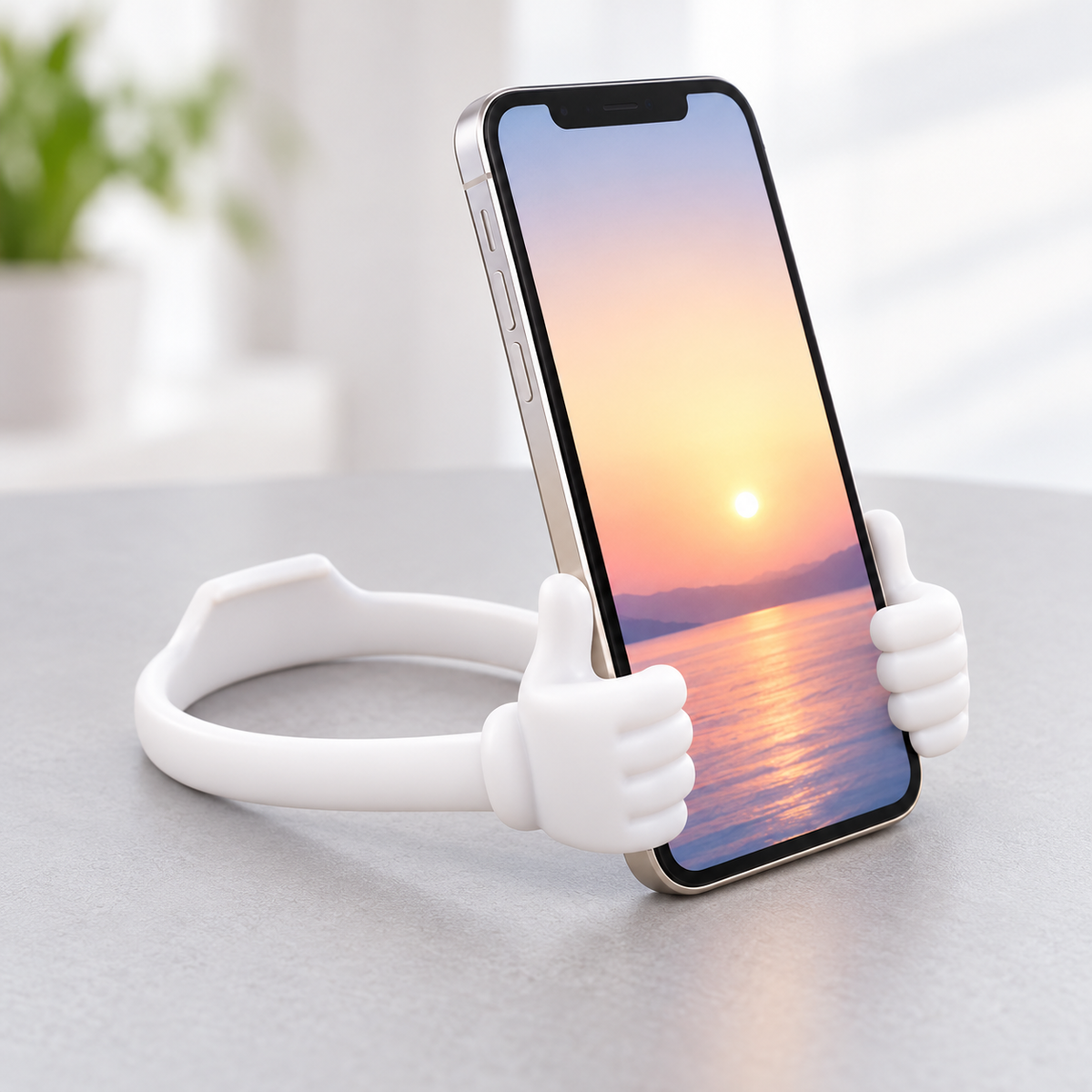 Ejemplo de uso del soporte blanco para sostener un celular; teléfono no incluido.