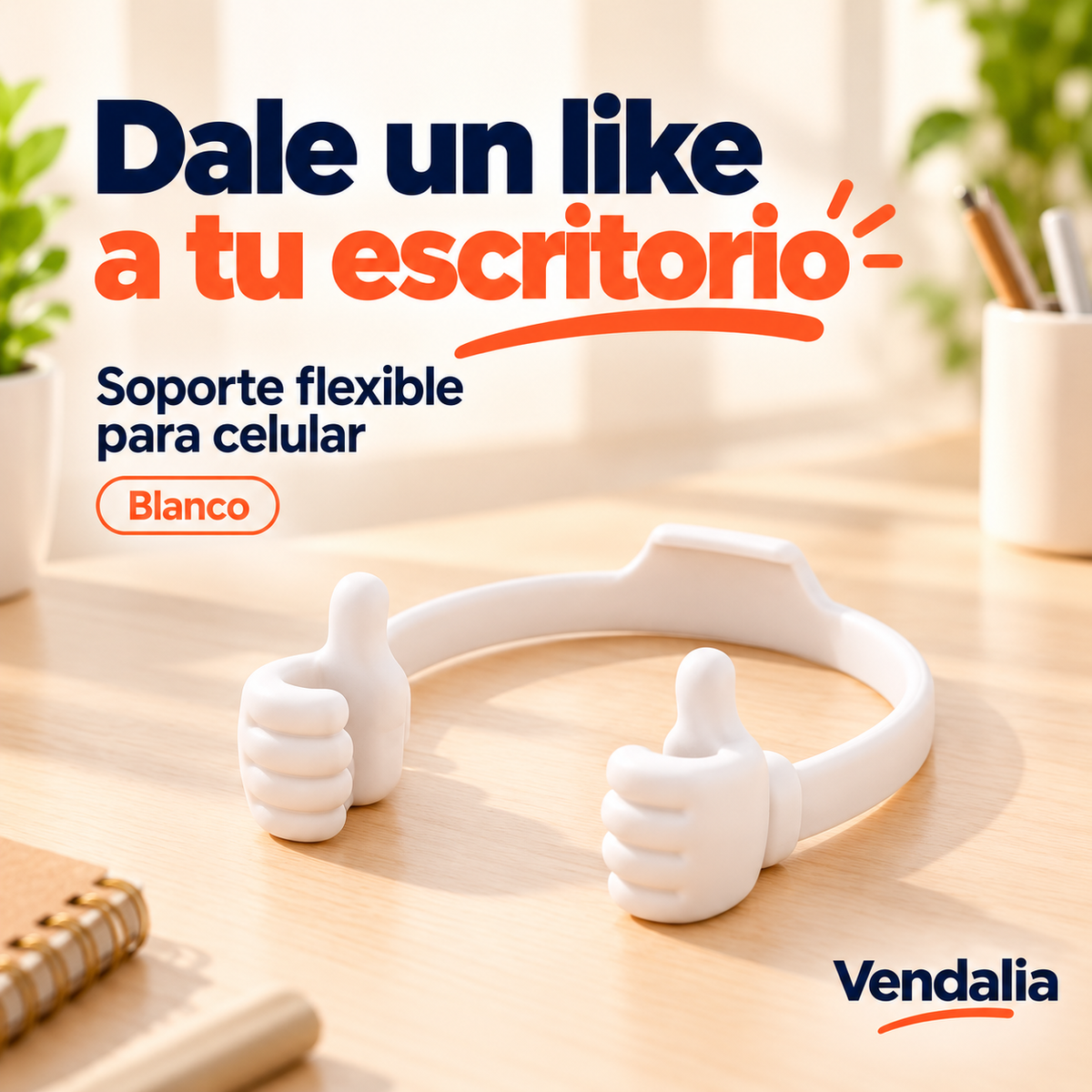 Soporte flexible para celular con manos Like en color blanco.