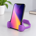 Ejemplo de uso del soporte lila para sostener un celular; teléfono no incluido.