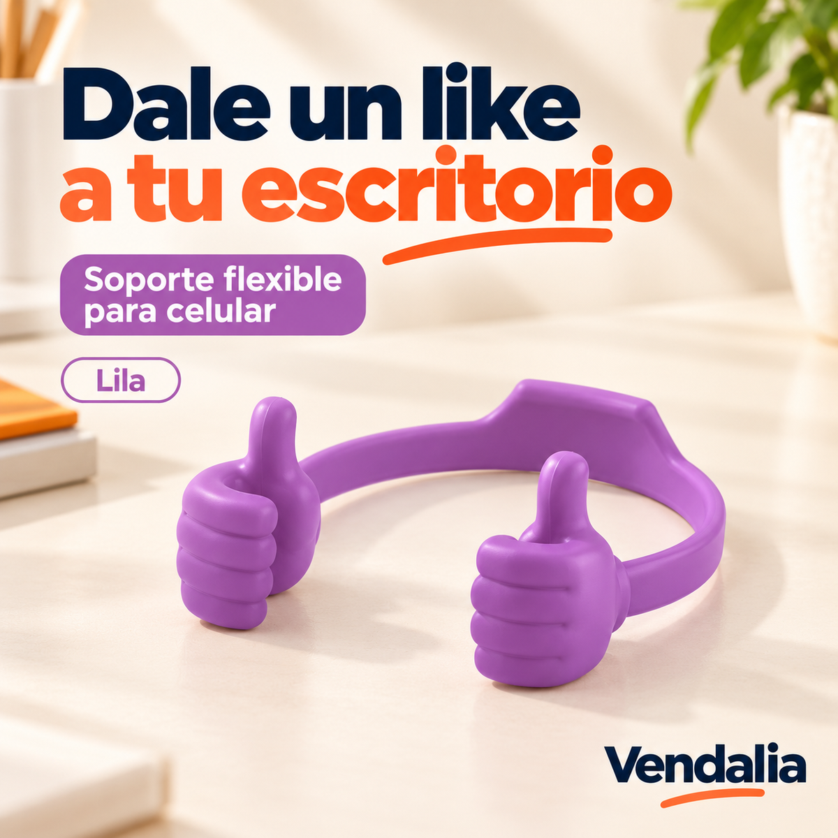 Soporte flexible para celular con manos Like en color lila.
