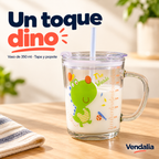 Vaso de cristal de 350 ml con diseño de dinosaurio, tapa y popote. Vendalia.