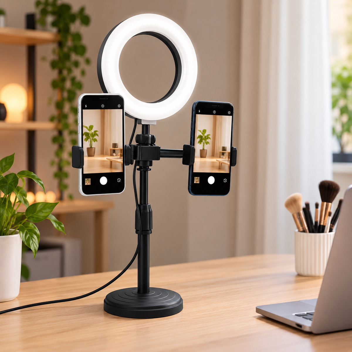 Ejemplo de uso del aro LED con dos celulares; teléfonos no incluidos.