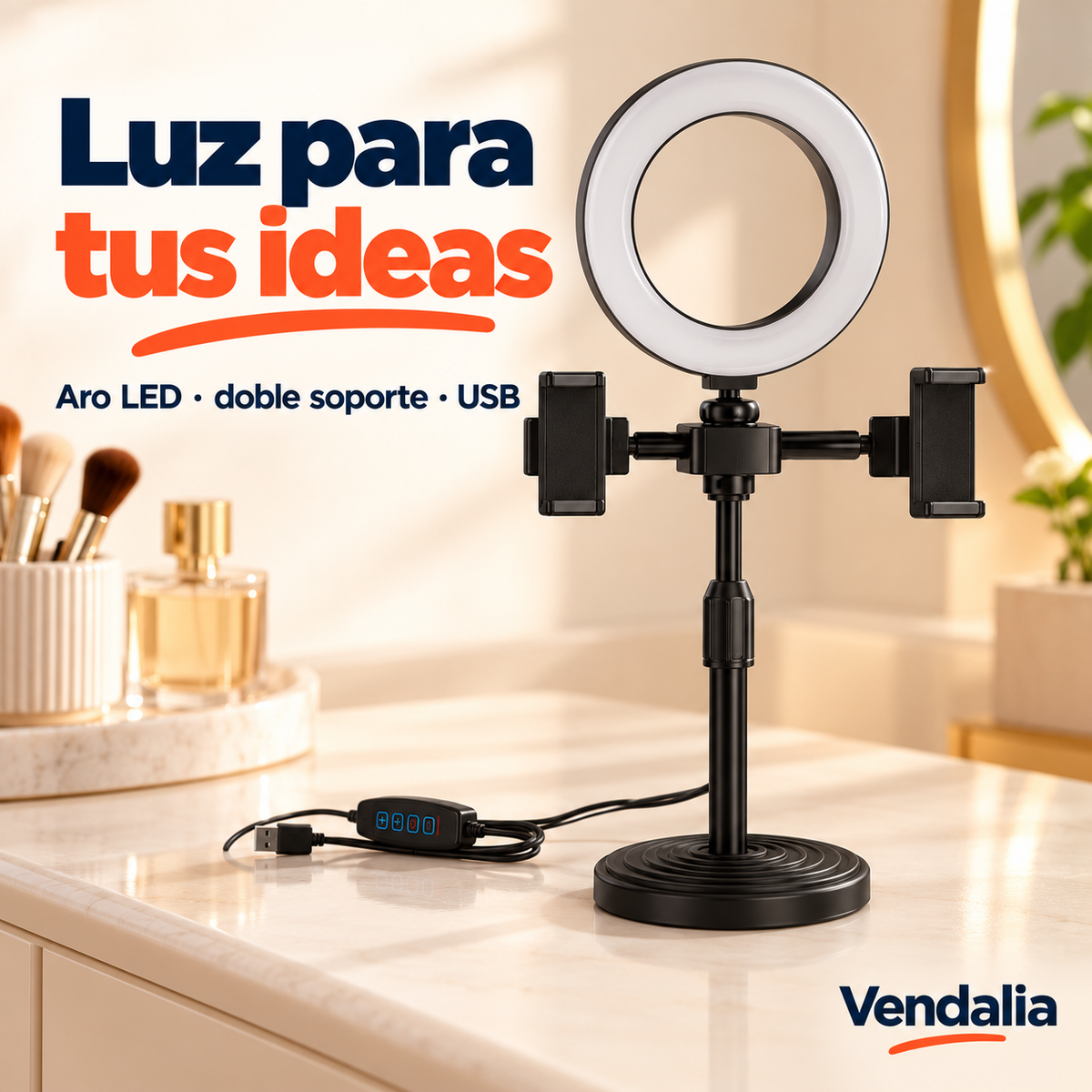 Aro de luz LED con base circular y dos soportes para celular.