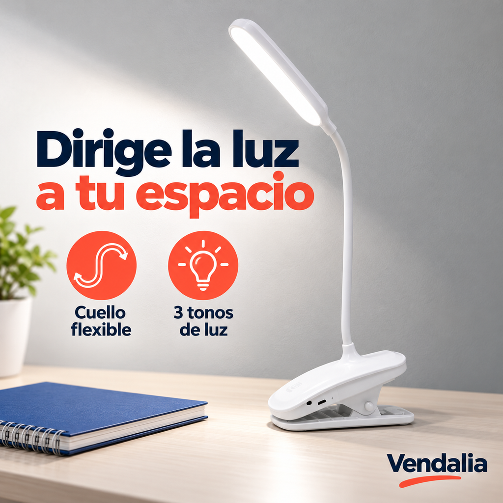 Lámpara LED blanca con pinza — portada Vendalia