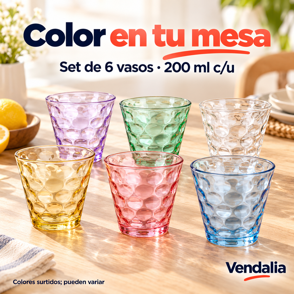 Set de seis vasos de vidrio de colores surtidos. Vendalia.