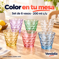 Set de seis vasos de vidrio de colores surtidos. Vendalia.
