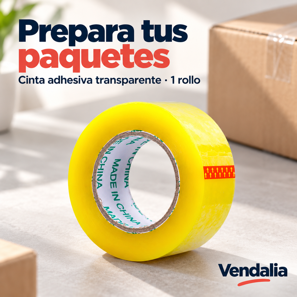 Prepara tus paquetes — Vendalia. Cinta adhesiva transparente · 1 rollo