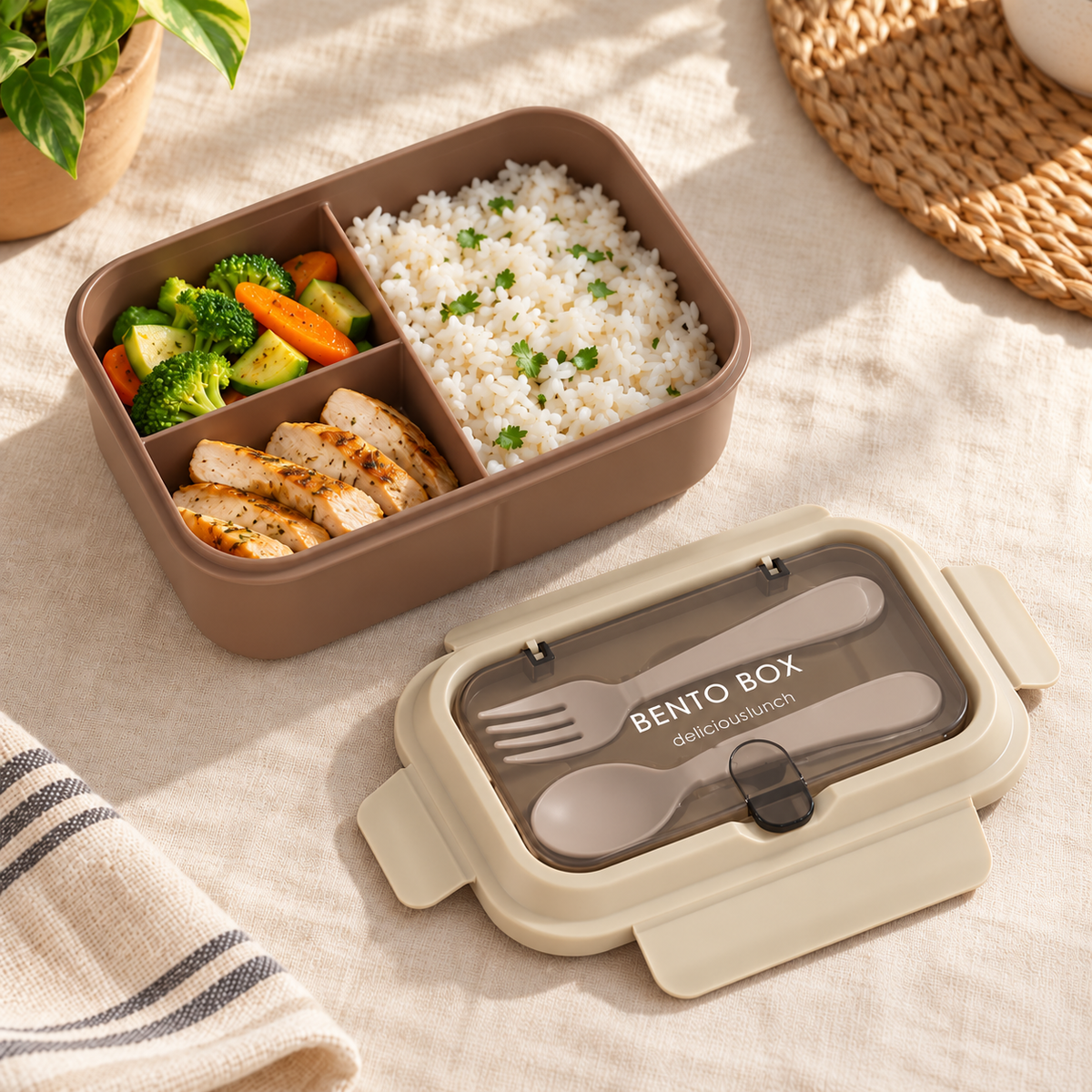 Lonchera abierta con alimentos; incluye cuchara y tenedor