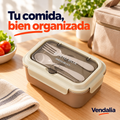 Lonchera beige con tres compartimentos y cubiertos · portada Vendalia