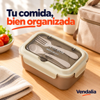 Lonchera beige con tres compartimentos y cubiertos · portada Vendalia