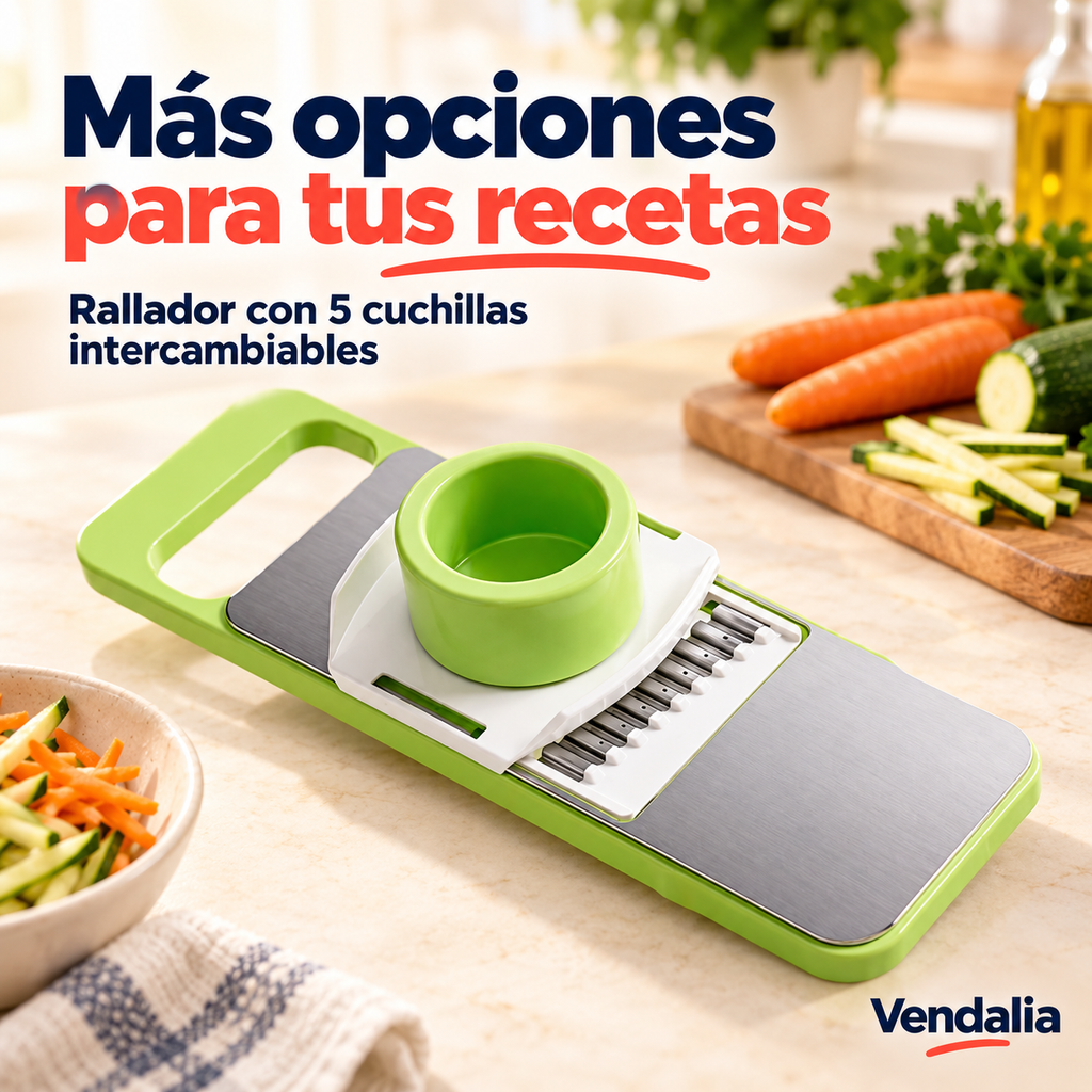 Rallador verde y blanco con cinco cuchillas intercambiables. Vendalia.