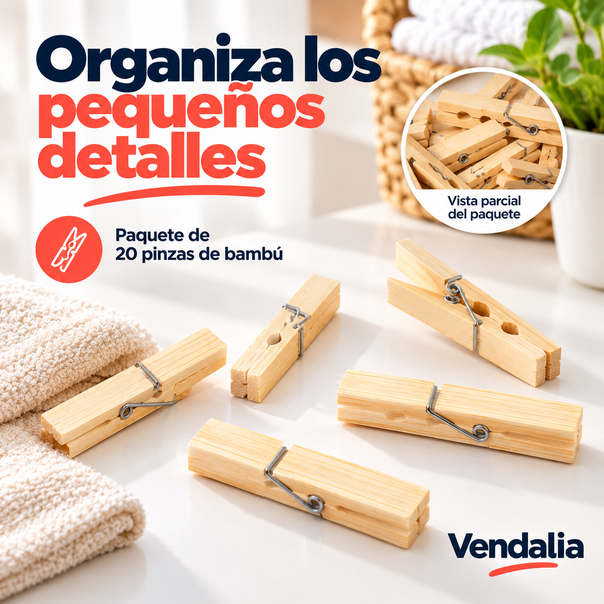 Pinzas de bambú natural 20 Pinzas · Portada Vendalia · SKU 52012