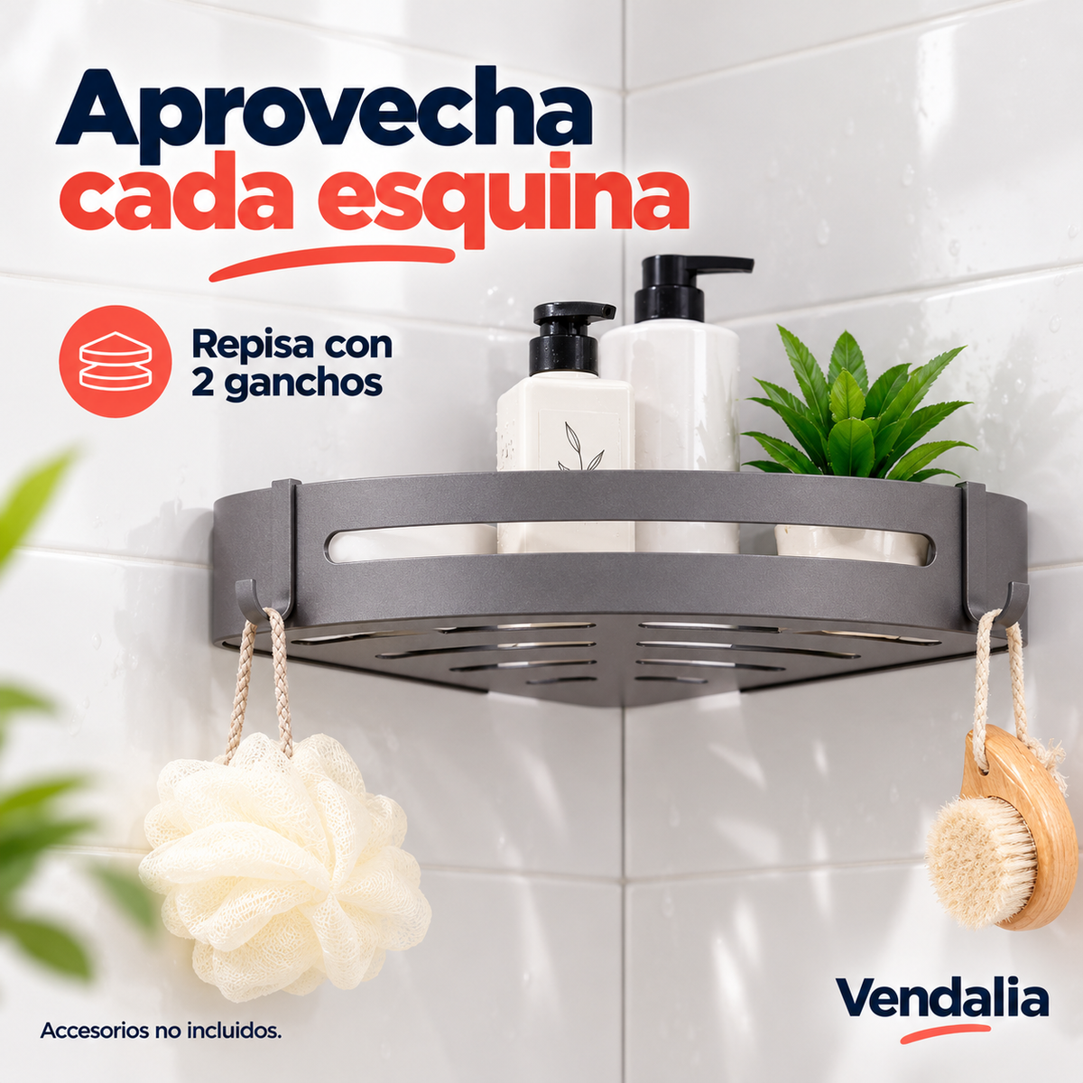 Repisa esquinera gris con dos ganchos — portada Vendalia