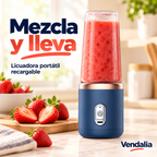Licuadora portátil azul marino con aro metálico. Vendalia.