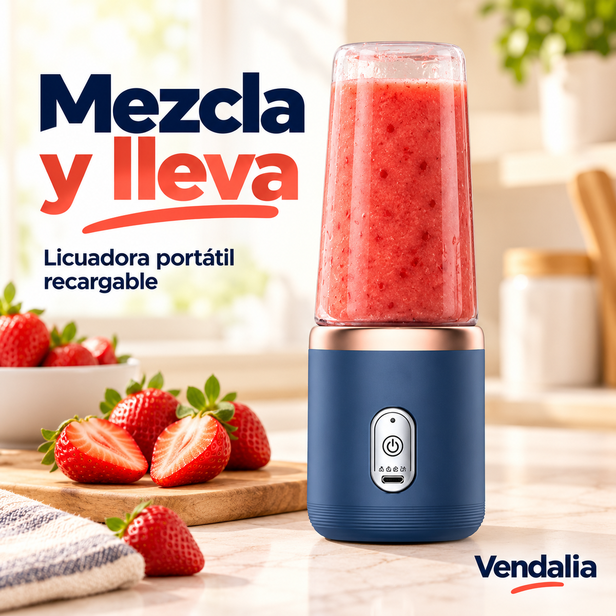 Licuadora portátil azul marino con aro metálico. Vendalia.